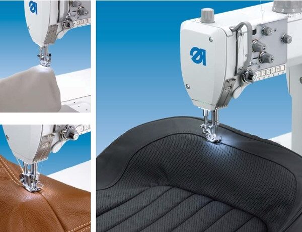 Durkopp Adler 868 M-Type single or double needle post-bed lockstitch sewing machine with bottom feed, needle feed and alternating top feed for medium-heavy duty materials.