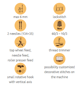 Cometa VCA 888 400 2N Decorative stitches. 2-Needles Post bed, lockstitch sewing machine, with wheel feed, needle feed and driven roller presser feed. Thread trimming.