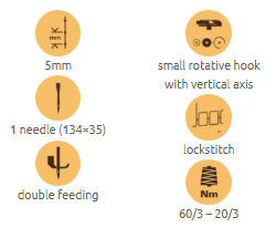 1-60.png VBG XXS SMALL EVO One needle, double feed lockstitch sewing machine with 360° vertical axis rotating arm.
