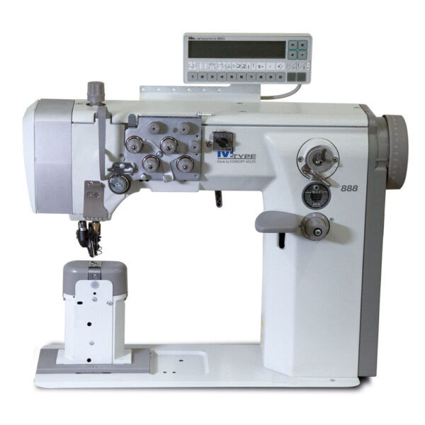 Cometa VCA 888 400 2N Decorative stitches. 2-Needles Post bed, lockstitch sewing machine, with wheel feed, needle feed and driven roller presser feed. Thread trimming.