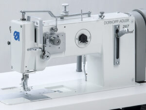 267-373 Durkopp Adler Single Needle Lockstitch Flatbed Sewing Machine with Bottom Feed, Needle Feed, and Alternating Top Feed, with Large Vertical Hook for Medium to Heavy Materials