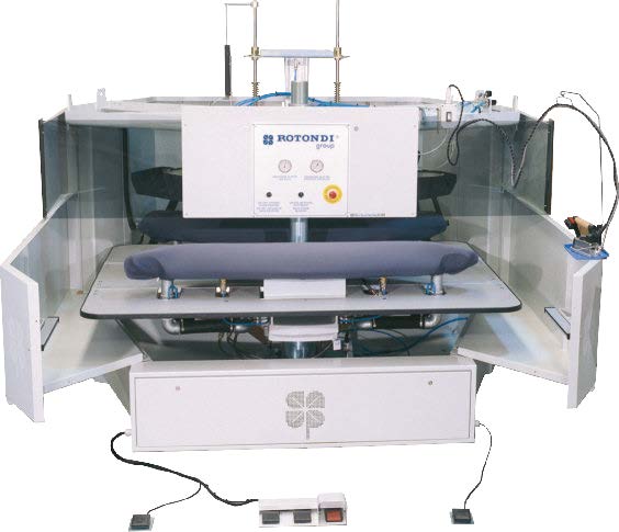 Rotondi 18RD O-301DO Carousel ironing press with 180 degree rotation for L&R forepart. Equipped with Leonardo computer