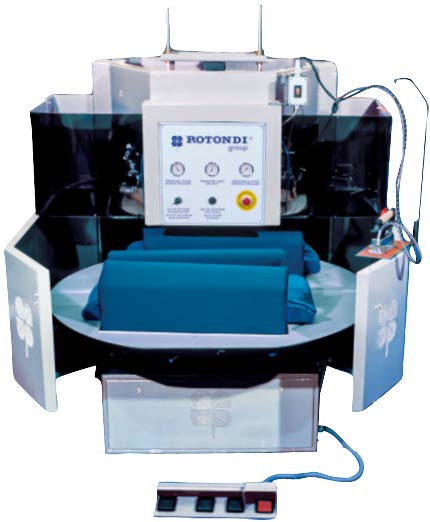 Rotondi 18RD CB-103 Carousel 180 degree rotation ironing press for L&R lapel rolling. Equipped with LEONARDO computer and precision pressing device