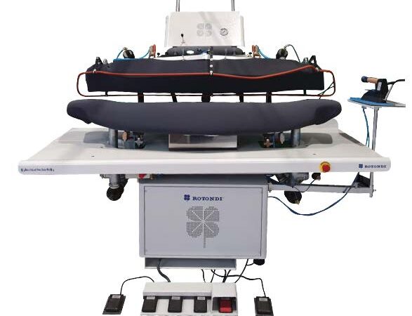 Rotondi FRV U-315DO Vertical full back press for L&R sides and back of ladies jacket – double buck. Equipped with Leonardo computer and precision pressing device.