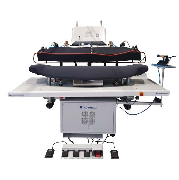 Rotondi FRV U-315DO Vertical full back press for L&R sides and back of ladies jacket – double buck. Equipped with Leonardo computer and precision pressing device.